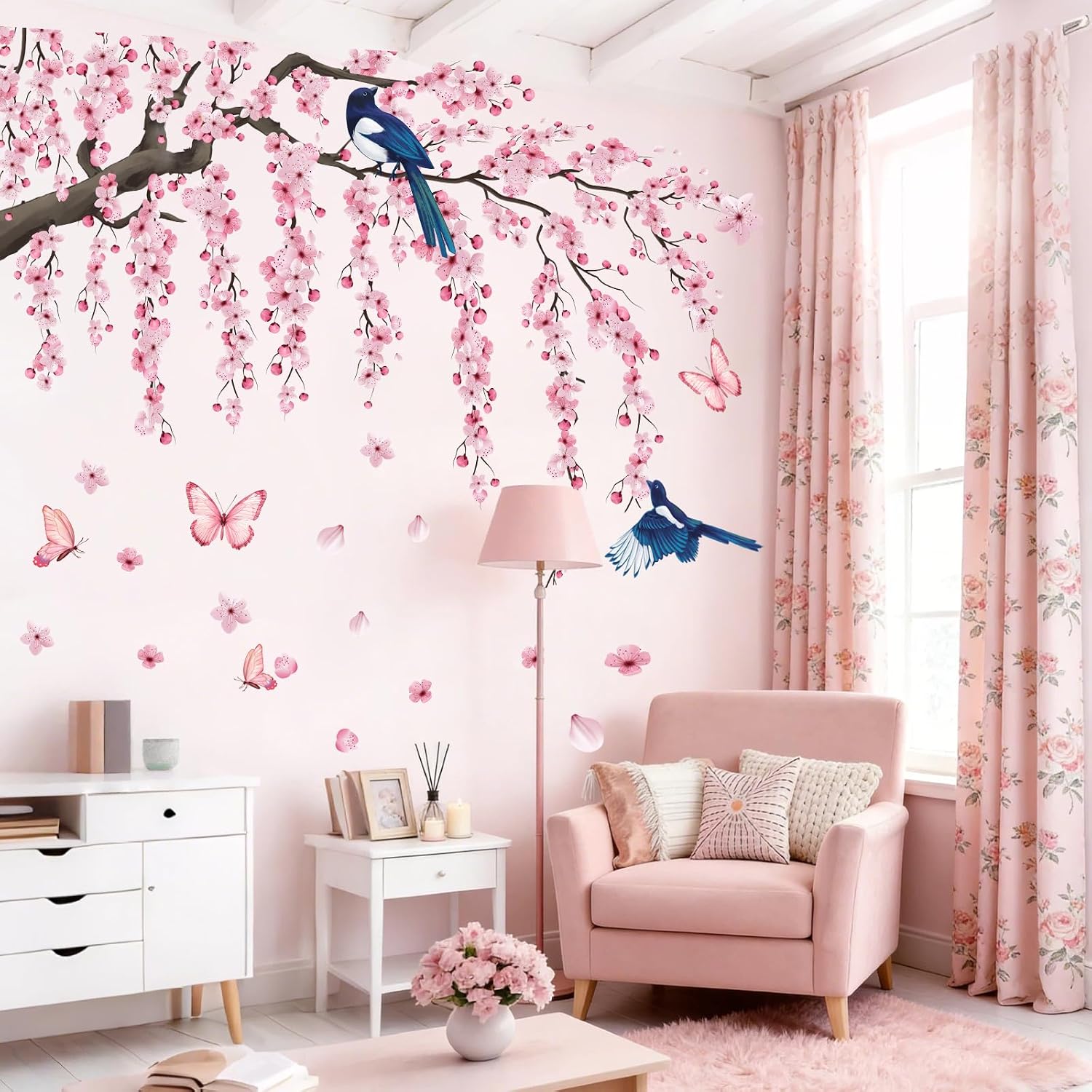 Cherry Blossom Wall Decals Stickers - Tree Floral Birds Wall Stickers Spring Pink Peel and Stick Wall Murals Decor for Living Room Bedroom image 3