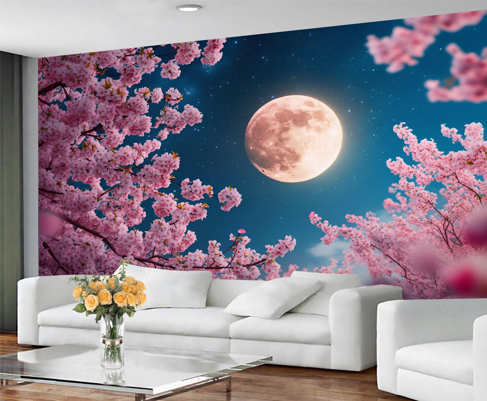 Papier peint fleurs de cerisier bleu haut de gamme non adhésif pour projets d'architectes