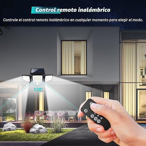Miniatura 2 de Tuffenough - Luces solares para exteriores, 2500 lm, 210 luces LED de seguridad con control remoto, 3 cabezales de luces con sensor de movimiento