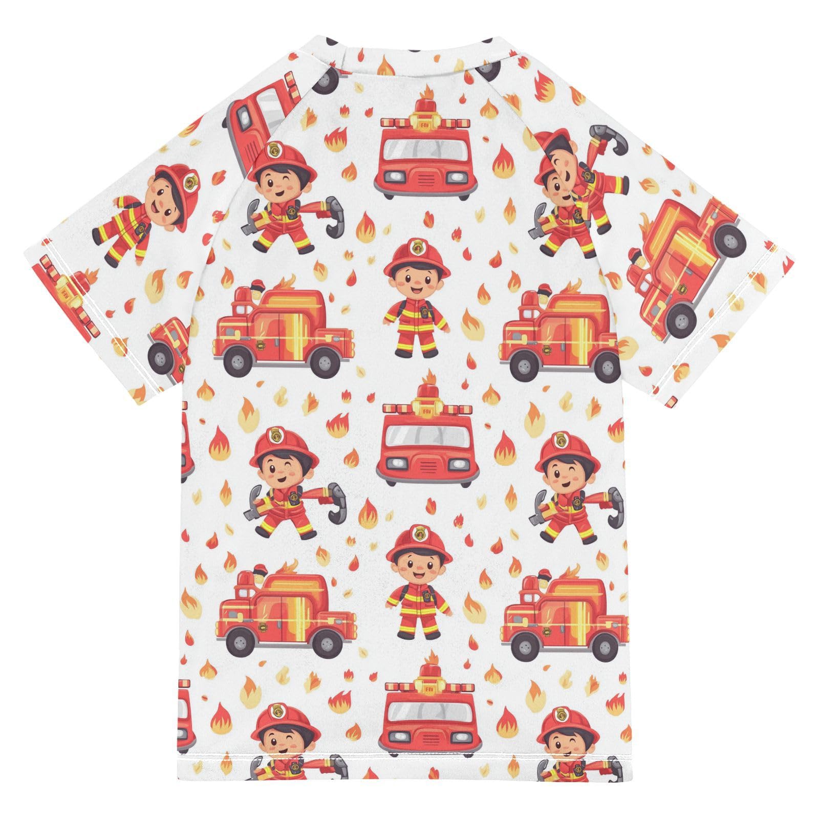 Kids Bathing Suit Short Sleeve Kids Rash Guard 7T Firefighter and Fire Truck White