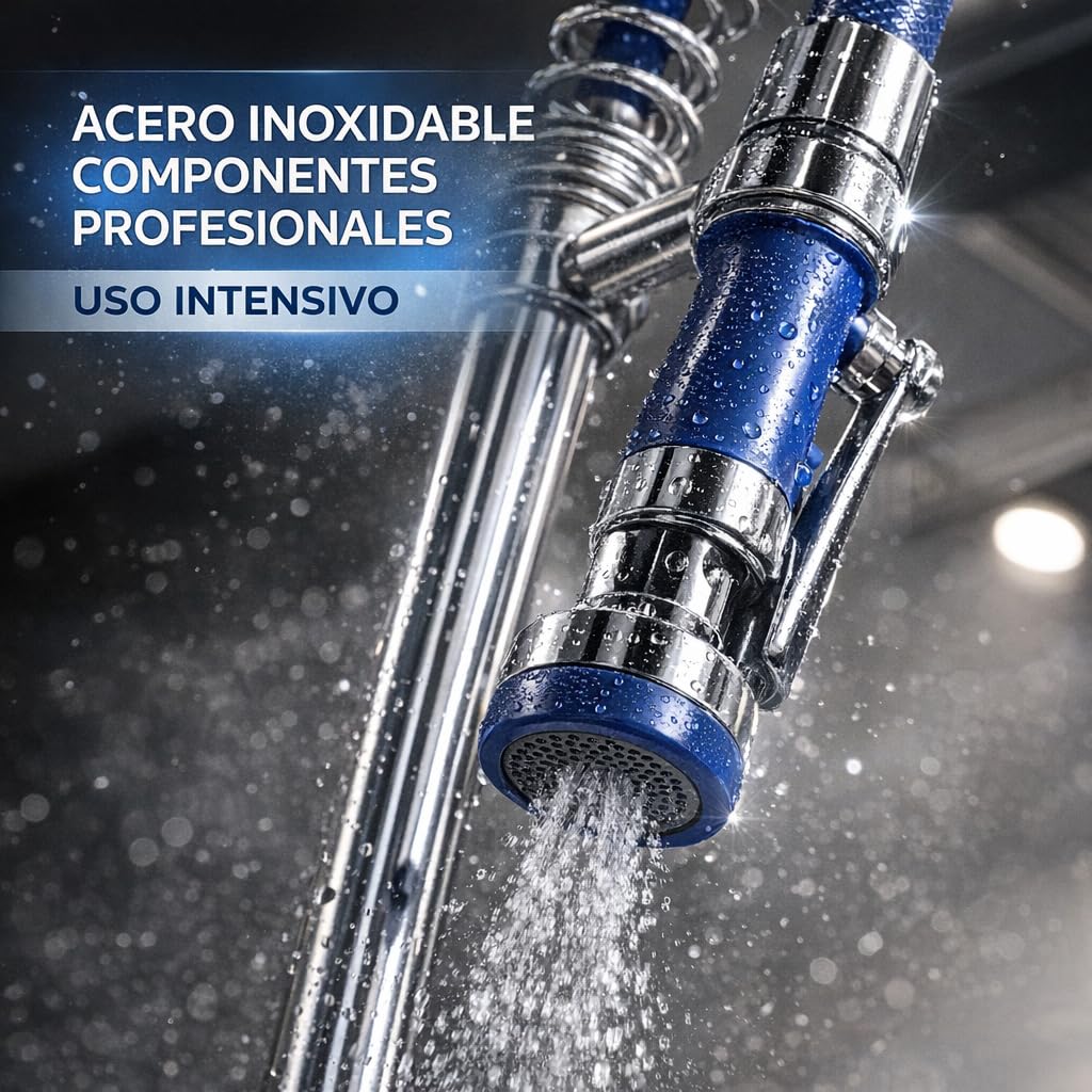 Genebre – Grifo Columna Prelavado Profesional 1707 04 | Grifo Industrial Monomando con Maneta Médica, Ducha Extraíble y Caño Giratorio | Cocina Profesional Hostelería Restaurante | Acero Inoxidable