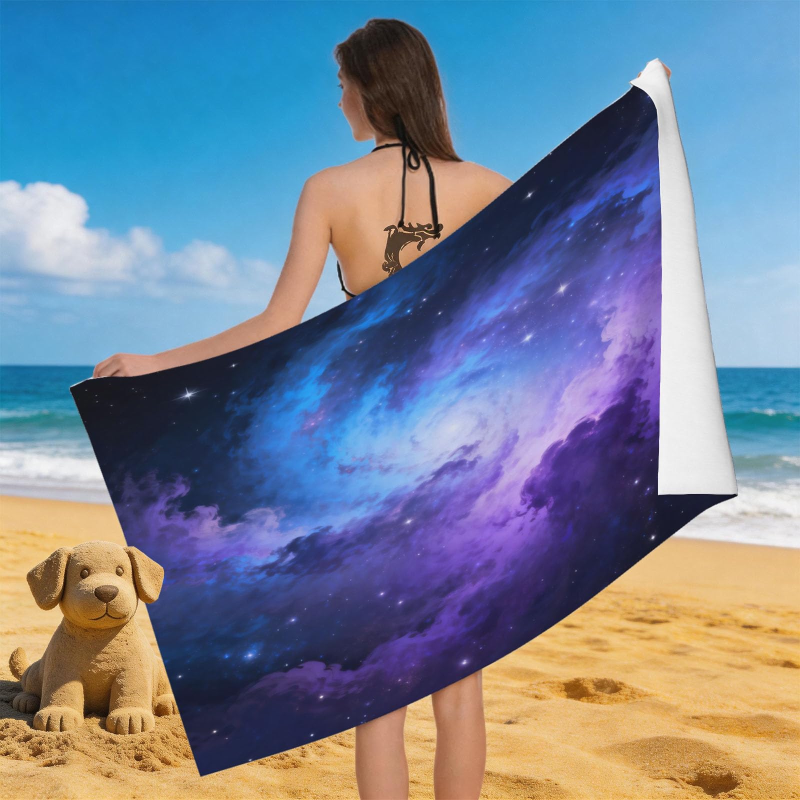 Leichong 3D Starry Sky Beach Towel Microfiber Soft Quick Dry for Adults, Cosmic Starry Sky Bath Towel Lightweight Soft Absorbent for Travel Swimming Pool Sports, 75 x 150 cm
