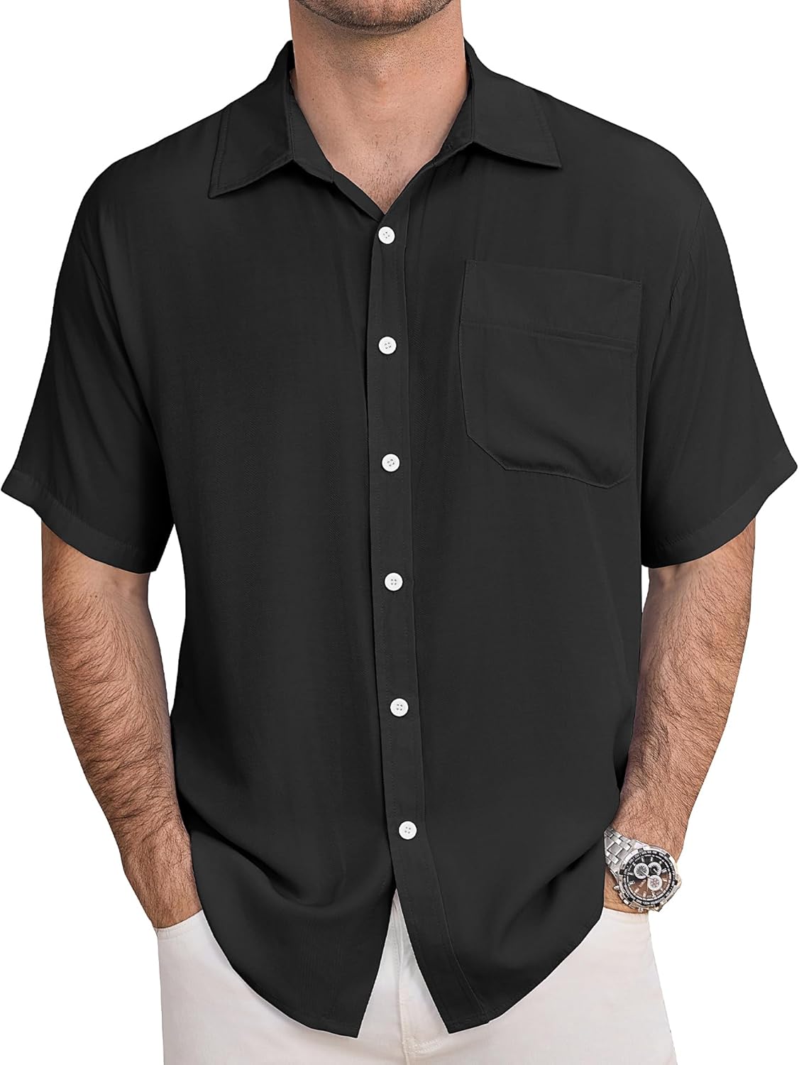 URRU Men's Shirts Casual Short Sleeve Button Down Shirt Summer Dress Shirts Loose Fit Beach Shirts Vacation Tops