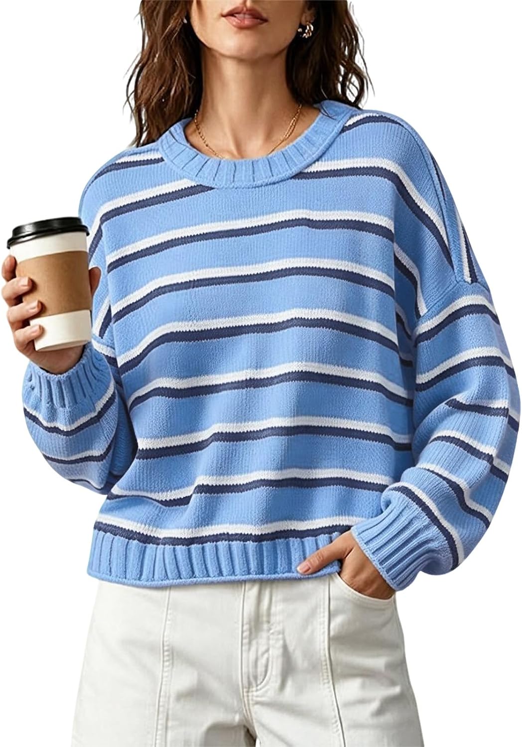 Womens Oversized Striped Sweater Chunky Knit Crewneck Fall Pullover