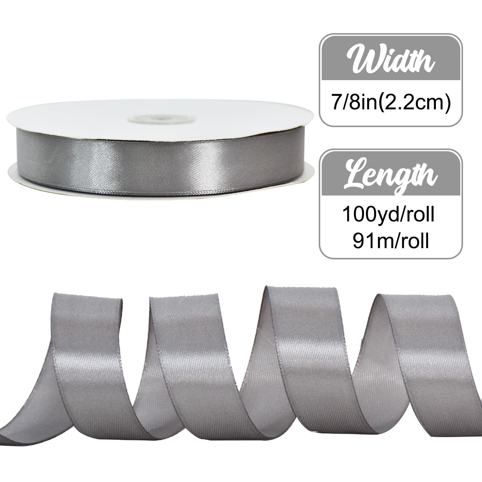 TONIFUL 7/8 Inch x 100yds Silver Satin Ribbon Thin Solid Frabic Ribbons for Gift Wrapping DIY Crafts Bows, Invitations - Image 2