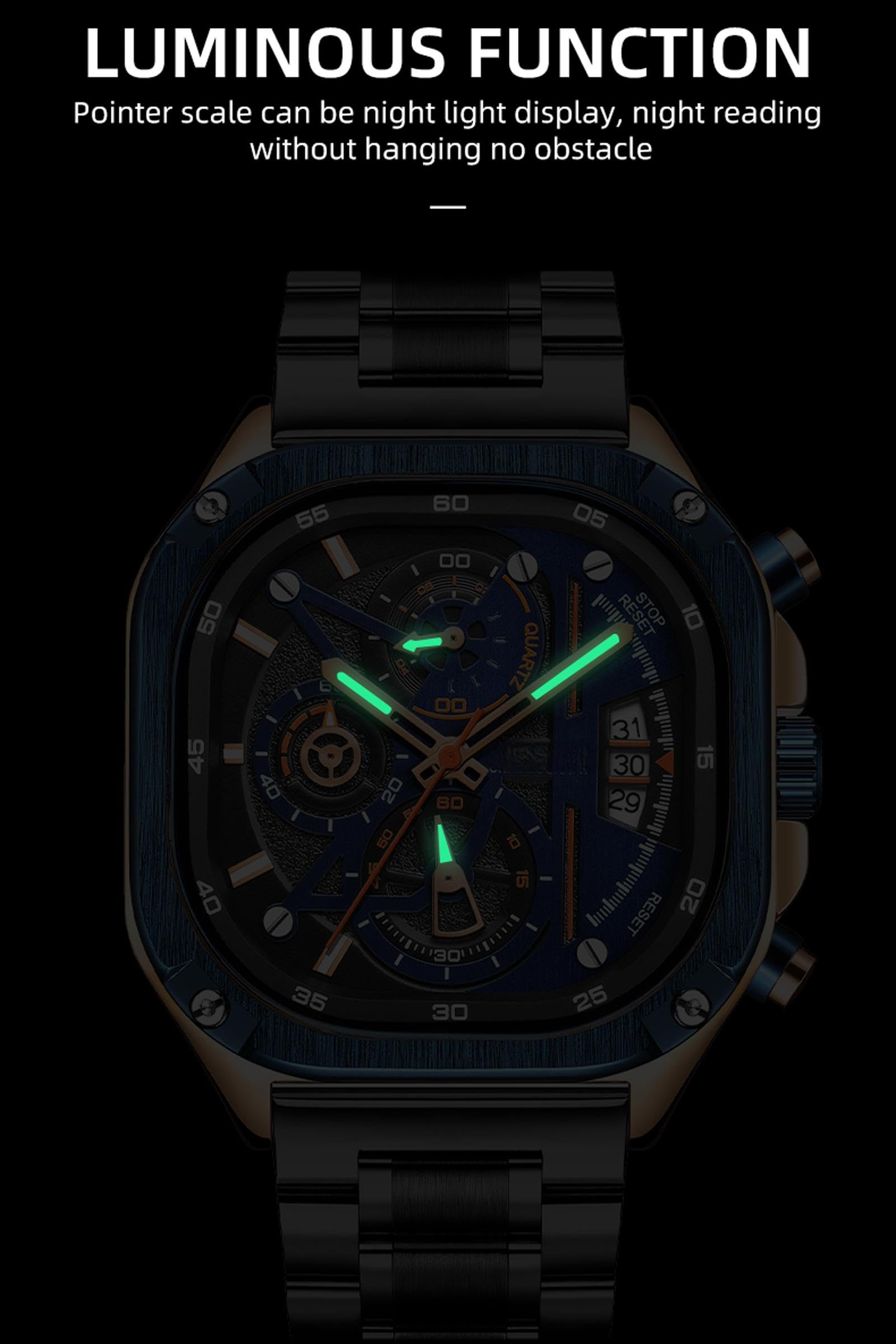 Herrenuhr Quadratische Zifferblatt Cool Design mit Chronograph Leuchtender Zeiger Datum Businessuhr Edelstahlarmband