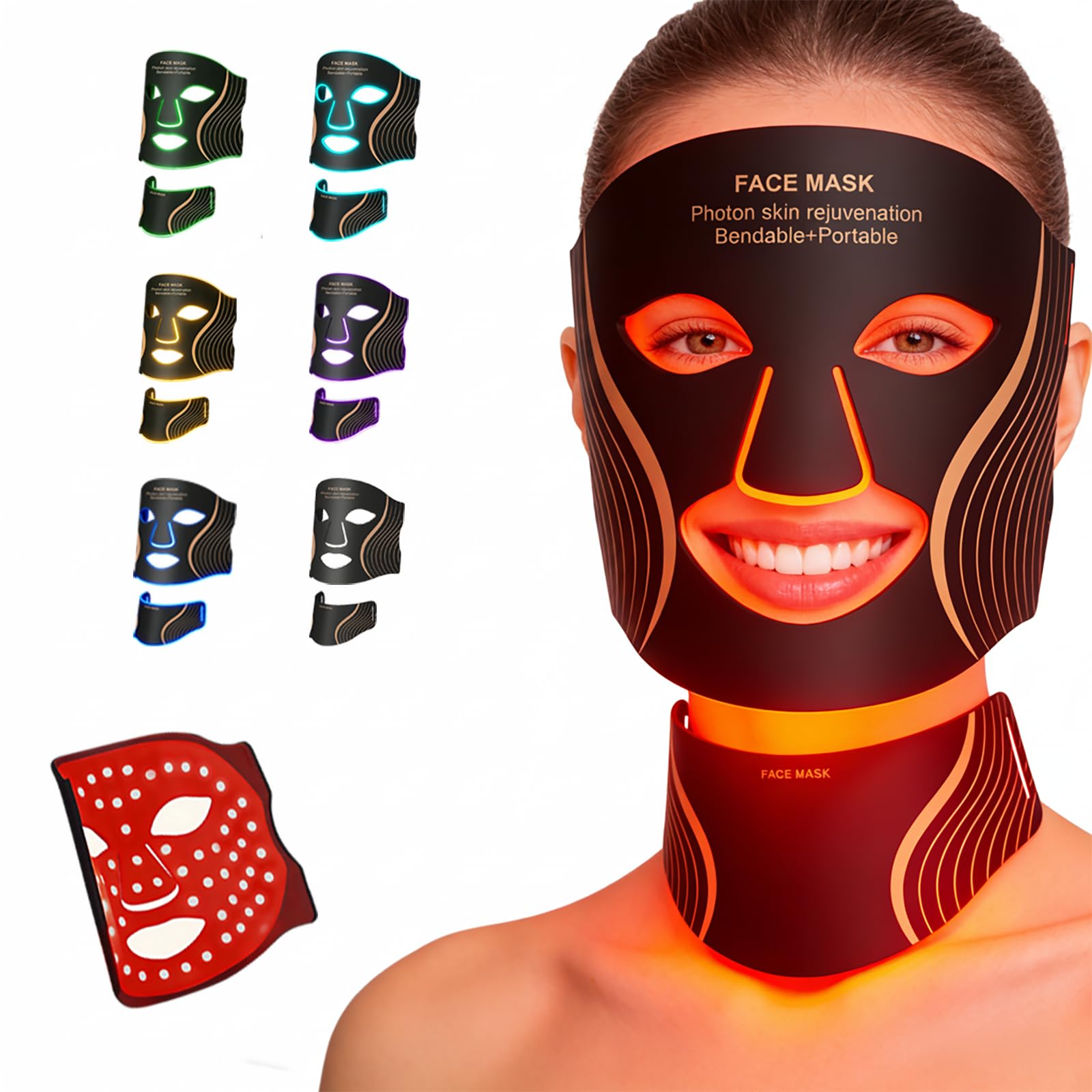 Maschera a LED per viso e collo, 7 colori, dispositivo di bellezza rosso e a infrarossi, 309 LED 3 in 1, 5 livelli di intensità, timer automatico, telecomando cablato, maschera per la cura