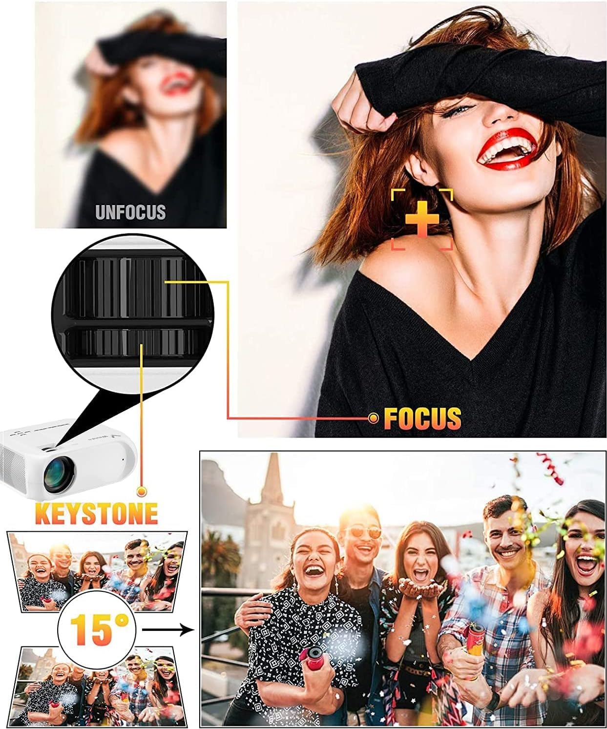 Rétroprojecteur Bluetooth WiFi Videoprojecteur Portable 1080P Full HD Mini Projecteur Vidéo Portatif pour iPhone Android Smartphone PC PS4 TV PPT Home Cinéma Haut-Parleurs Intégrés Cadeau de Noël