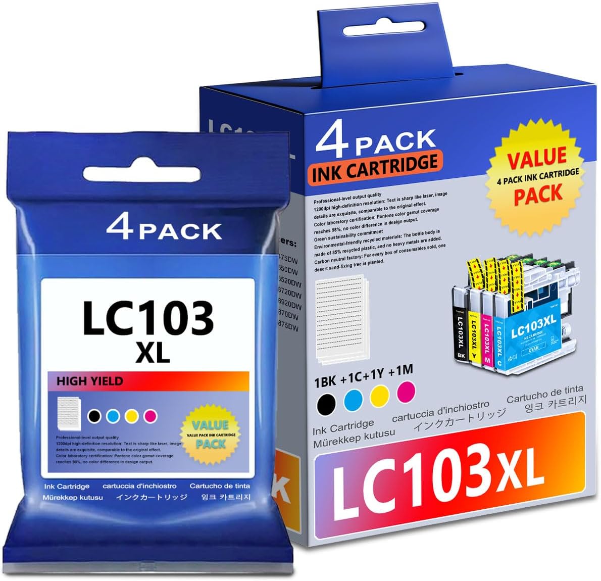 LC103XL High Yield Ink Cartridges 4-Pack (BK/C/M/Y) Replacement for Brother LC101 LC101XL LC103 LC103XL Ink, Work with MFC-J870DW MFC-J6920DW MFC-J6520DW Printer