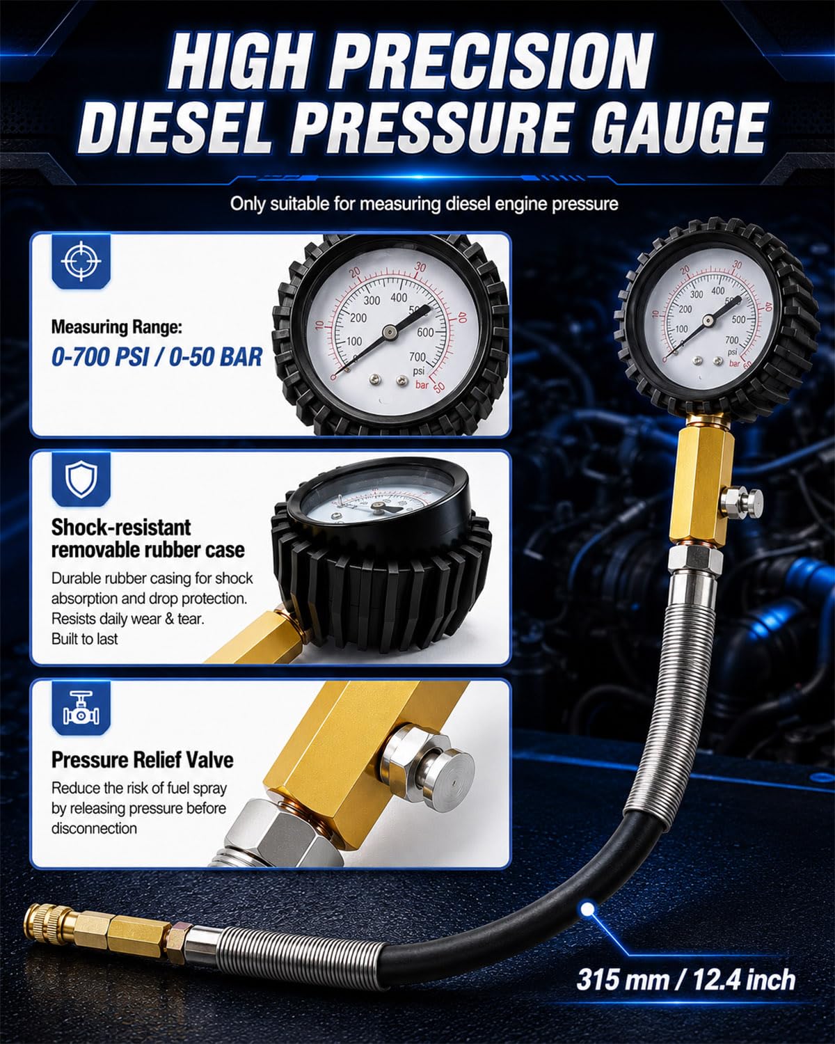 INCENDIOS Kit Tester Compressione Motore & Leak Down Test 47 Pezzi per Diesel e Benzina, Compressometro 0–700 PSI / 0–50 Bar con Tester Perdite Cilindro, Compatibile HDi, TDCi, Pumpe-Düse (PD)