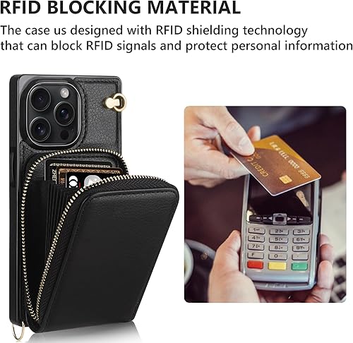 Miniatura 9 de JAKPAK Funda compatible con iPhone 15, funda de piel con cremallera y tarjetero + protector de pantalla 3 unidades, funda protectora con cordón para