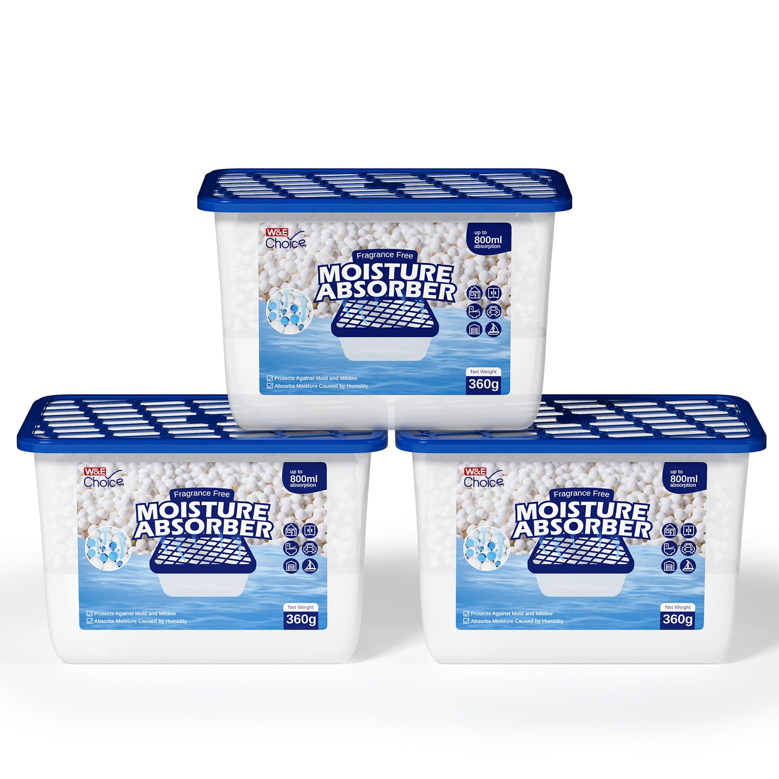 W&E Choice Moisture Absorbers, 12.7 Oz Portable Humidity Absorber Boxes for Your Bathroom, Closet & Car, Dehumidifier with Fragrance Free, 3 Pack