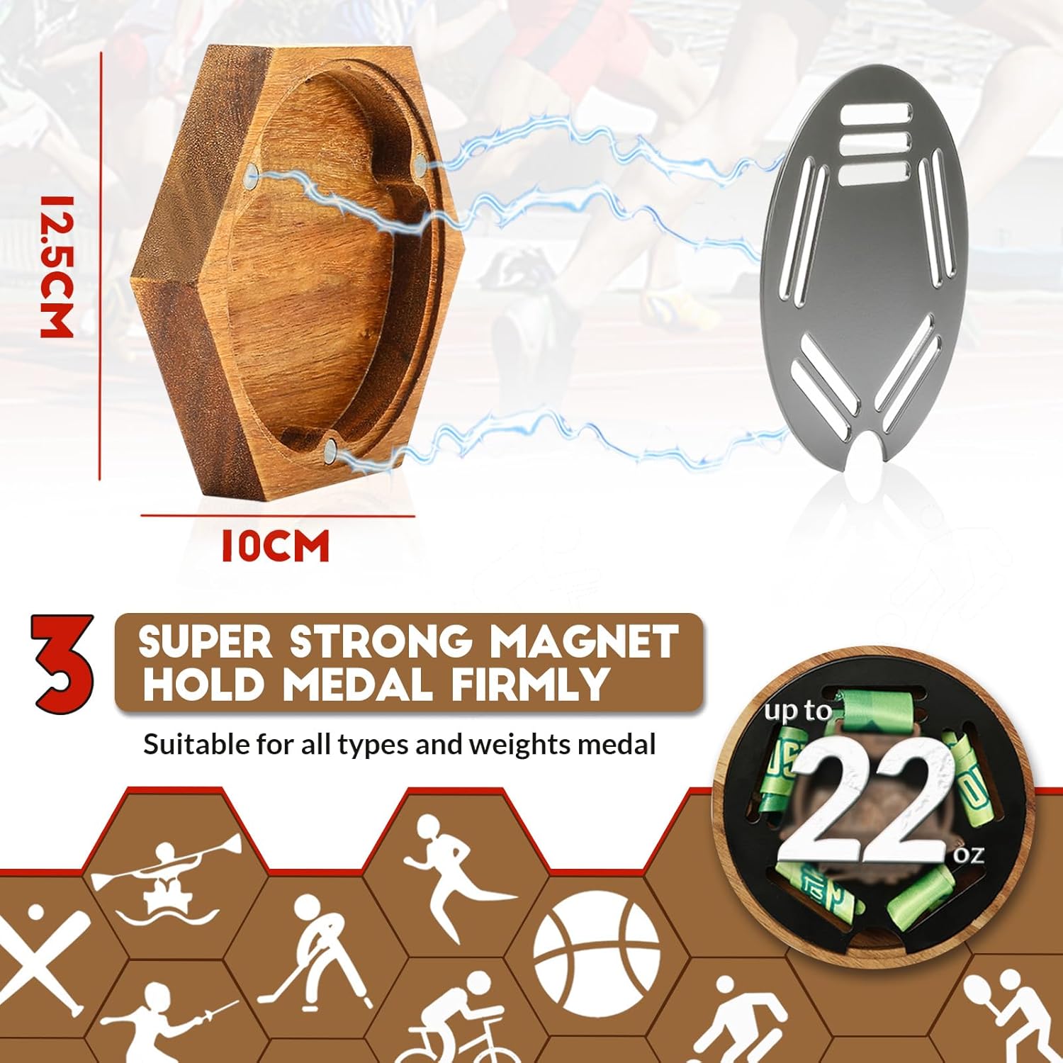 JupDec Medal Hanger Display Honeycomb Wooden Hexagon for Wall, with Strong Magnets & Black Round Iron Medal Holder for Sports Marathon Gymnastics, 7 Pack