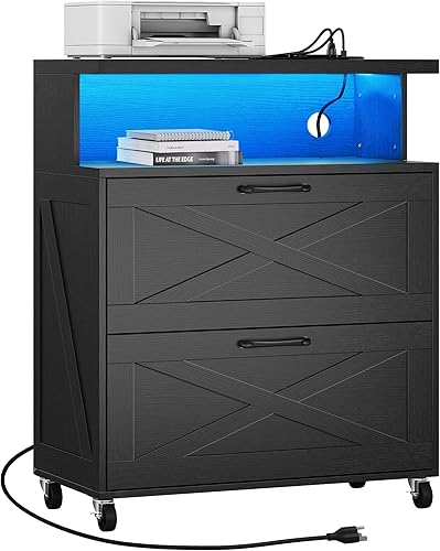 YITAHOME Archivador de madera con estación de carga, archivador lateral grande con luz LED, soporte de impresora de mesita de noche de granja para