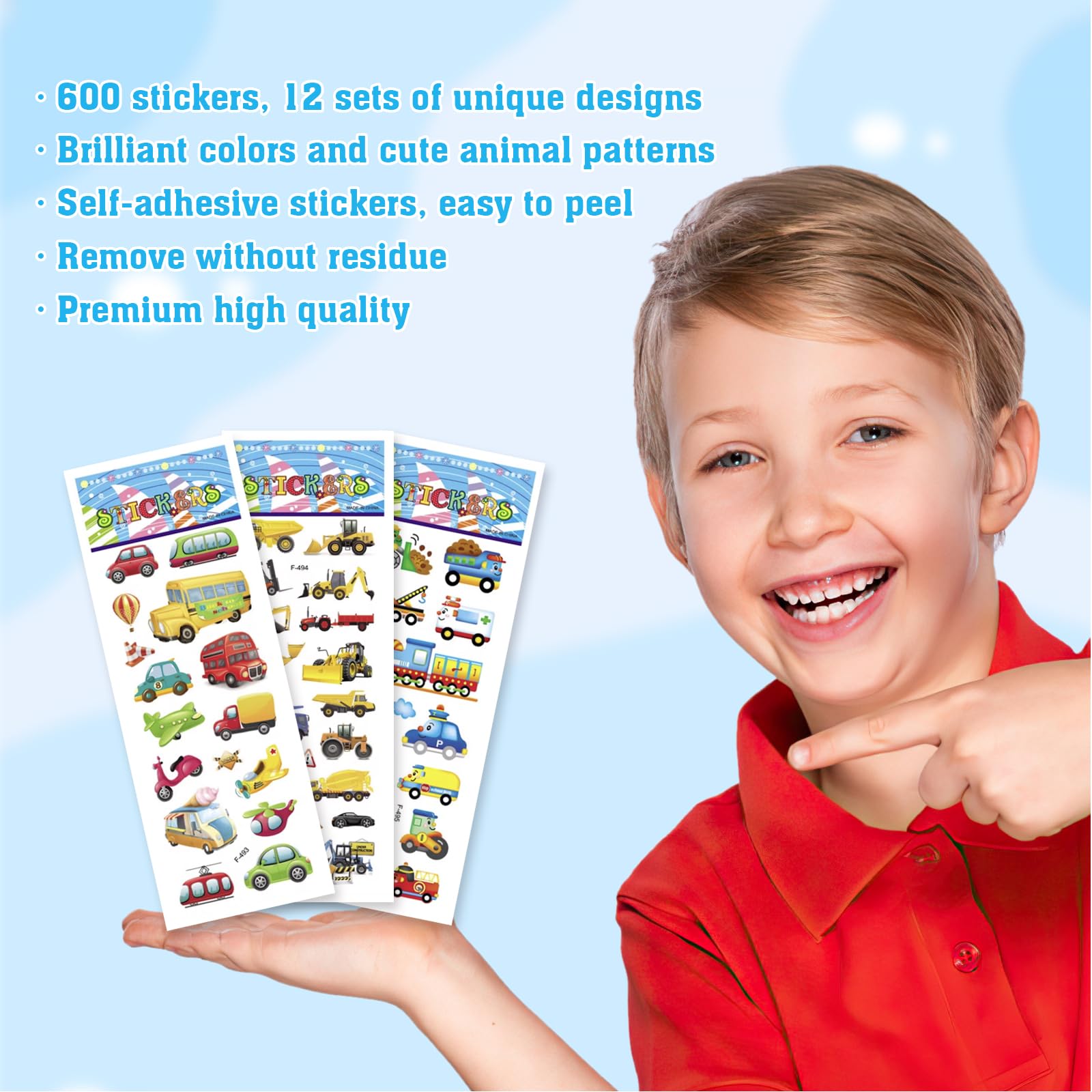 FESDMOH 12 Feuilles Stickers Book, Autocollants 3D, Autocollant Animaux, Comprenant des Véhicule, Dinosaure, Nombre, Animal, Excavateur (Véhicules