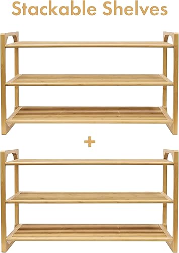 Miniatura 5 de RoyalHouse Zapatero apilable de bambú, organizador de zapatos de 3 niveles, perfecto para sala de estar, armario, entrada, dormitorio