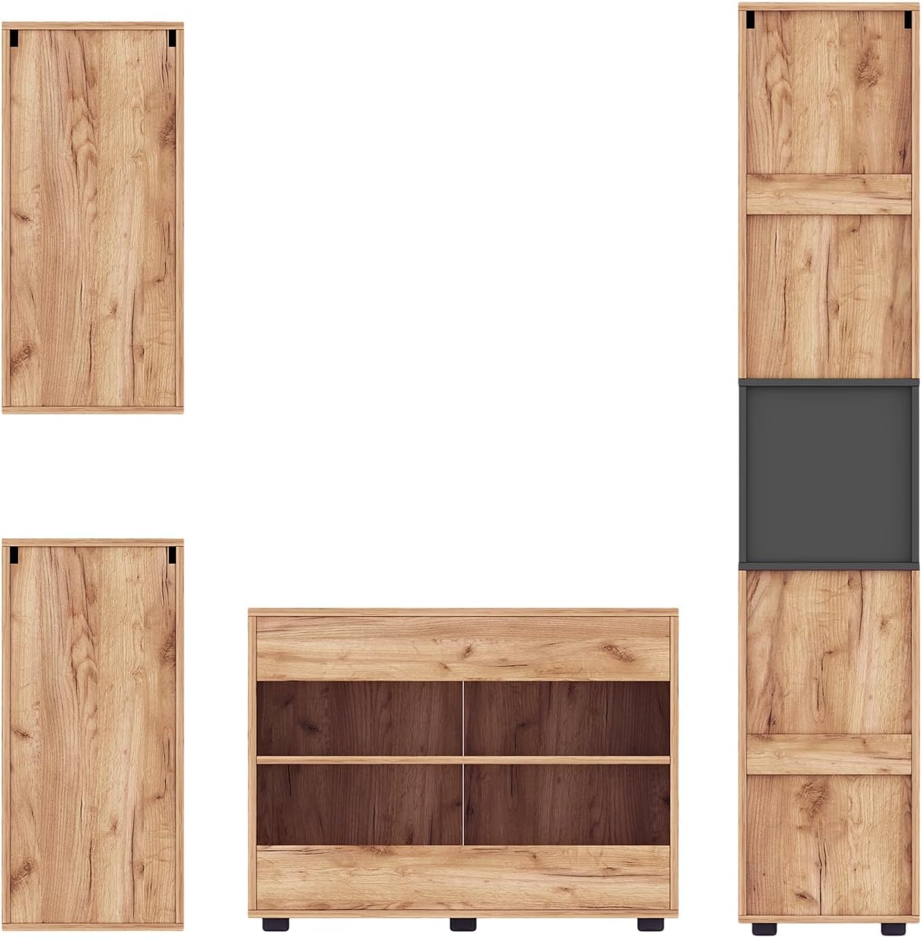 HAUSPROFI 5-teiliges Garderobenset, Flurgarderobe mit Spiegel, Doppeltür-Schuhschrank, Langer Schuhbank, Kleiderschrank und Stauraumschränken, Holzoptik, für Flur und Bad