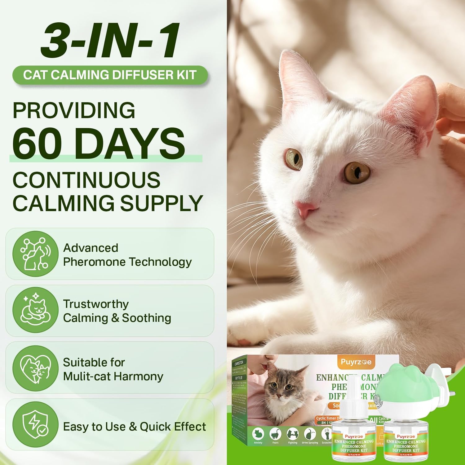 Cat 3-in-1 Calming Diffuser & Dog 3-in-1 Calming Diffuser Set – with Pheromones for Stress Relief, Anxiety Reduction, Includes 2 Diffusers + 4 Refills (for Cats & Dogs)