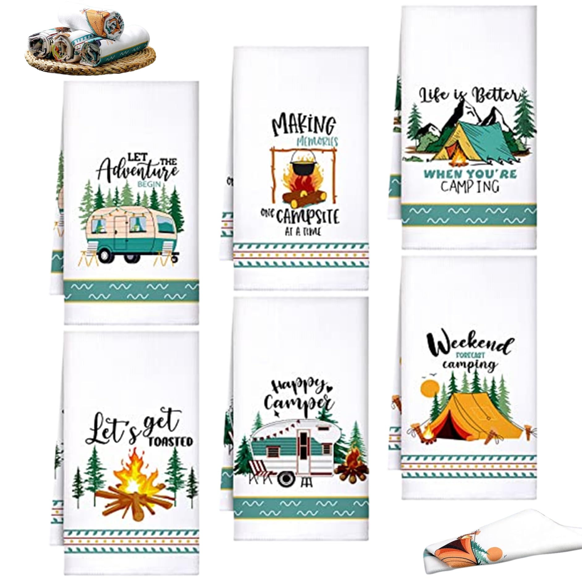 Campingküchentücher, Geschirrtücher, 6pcs 24x16 Zoll Wasser absorbierende Campingschale Handtücher, weiche Mikrofaser -Camping -Handtücher mit lustigen Sprüchen für Wohnmobile Campingactory Neuheiten