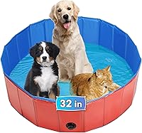 AMGSH Foldable Dog Whelping Box - Portable Birthing Pool for Puppies, 31.5" Dia x 7.9" H Red PVC Swimming Tub for Small Dogs Under 55lbs