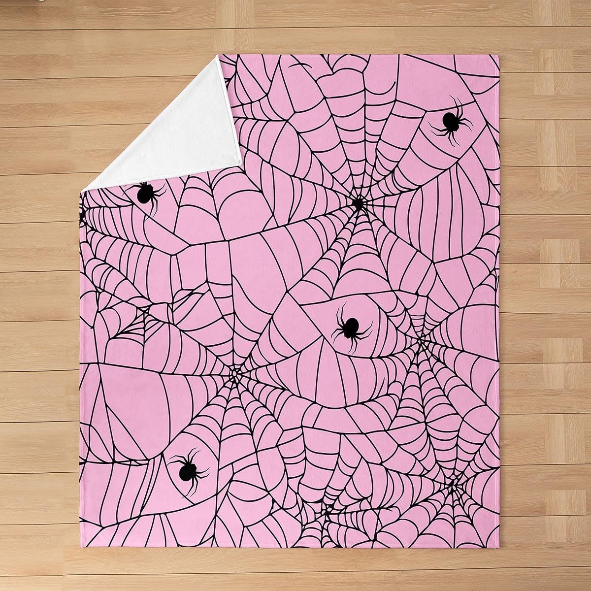 Feelyou Kids Pink Halloween Flannel Throw Blanket Queen 90"x90" Pink Spider Web Fleece Throw Blanket for Girls Teens BedHalloween Spider Plush Blanket Women Pink Black Fuzzy Blanket Queen 90"x90"