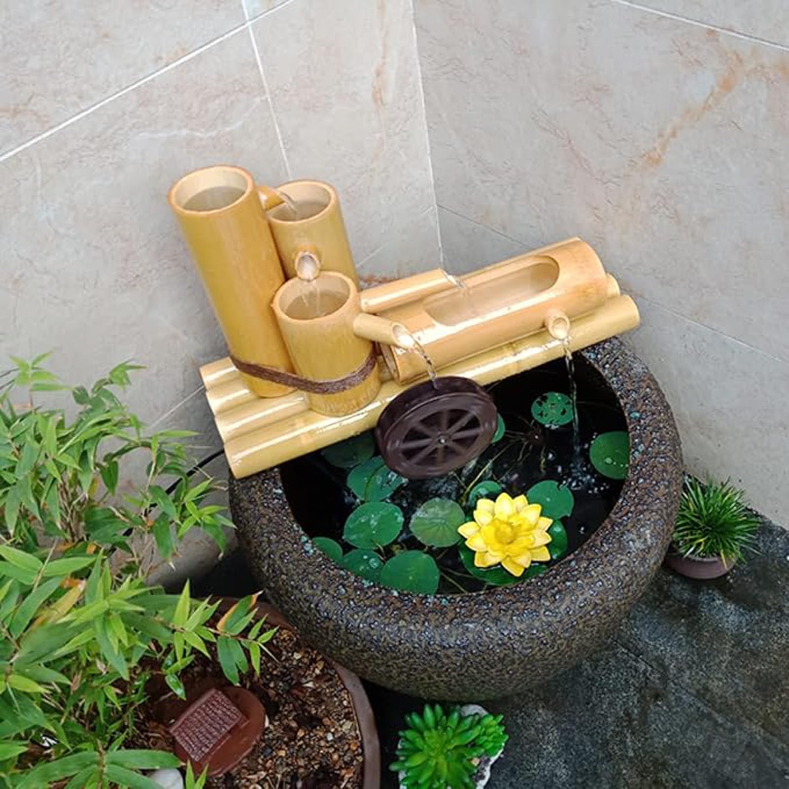 Fontaine d'eau en Bambou Naturel, Fontaine de Jardin Zen, Ornement d'eau en Circuit fermé pour Aquarium, décoration de Bassin, pour Bain d'oiseaux, étang, Cour, Jardin, 80 cm x 80
