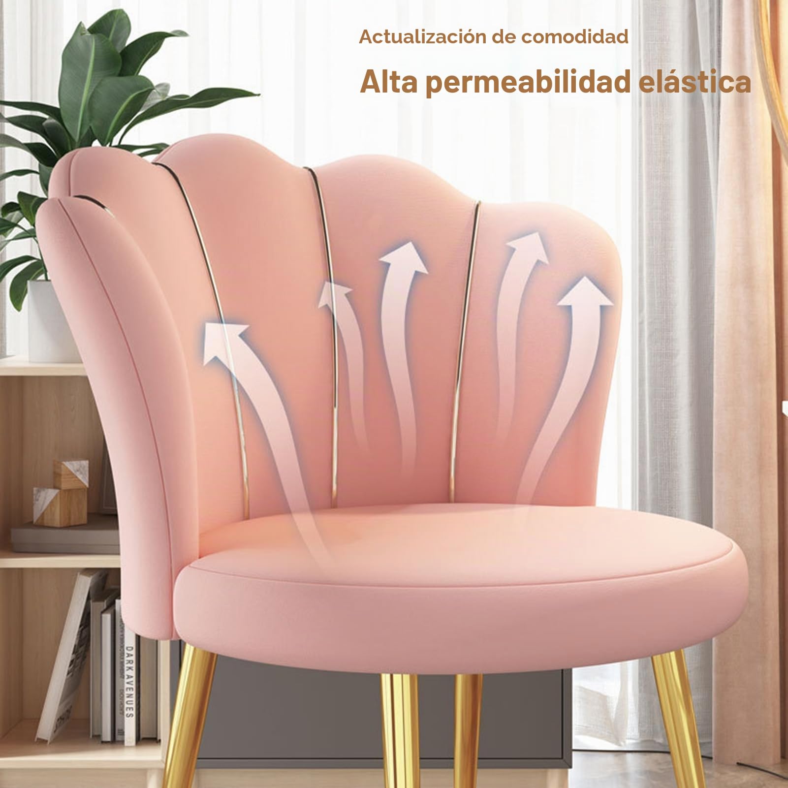 Silla de maquillaje, respaldo con patas de metal dorado, moderna silla de tocador para salón de belleza, dormitorio, oficina, comedor, cómoda y fácil de montar para sentarse durante mucho