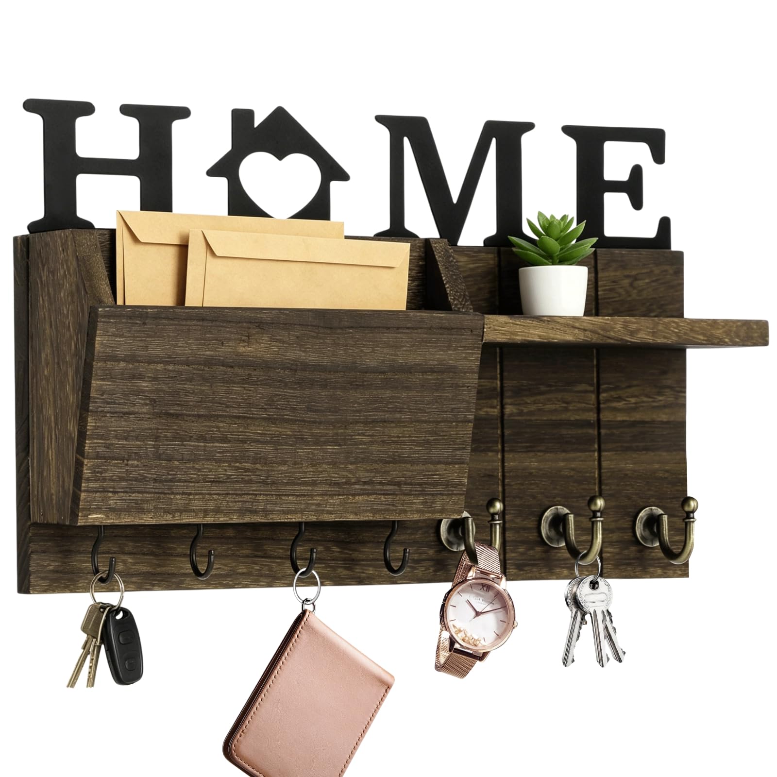 Generisch Schlüssel- und Briefhalter für die Wand, wandmontierter Schlüsselhalter, Briefsortierer im Landhausstil mit Ablage und 7 Haken, Holz Organizer für Flur, Küche und Eingangsbereich