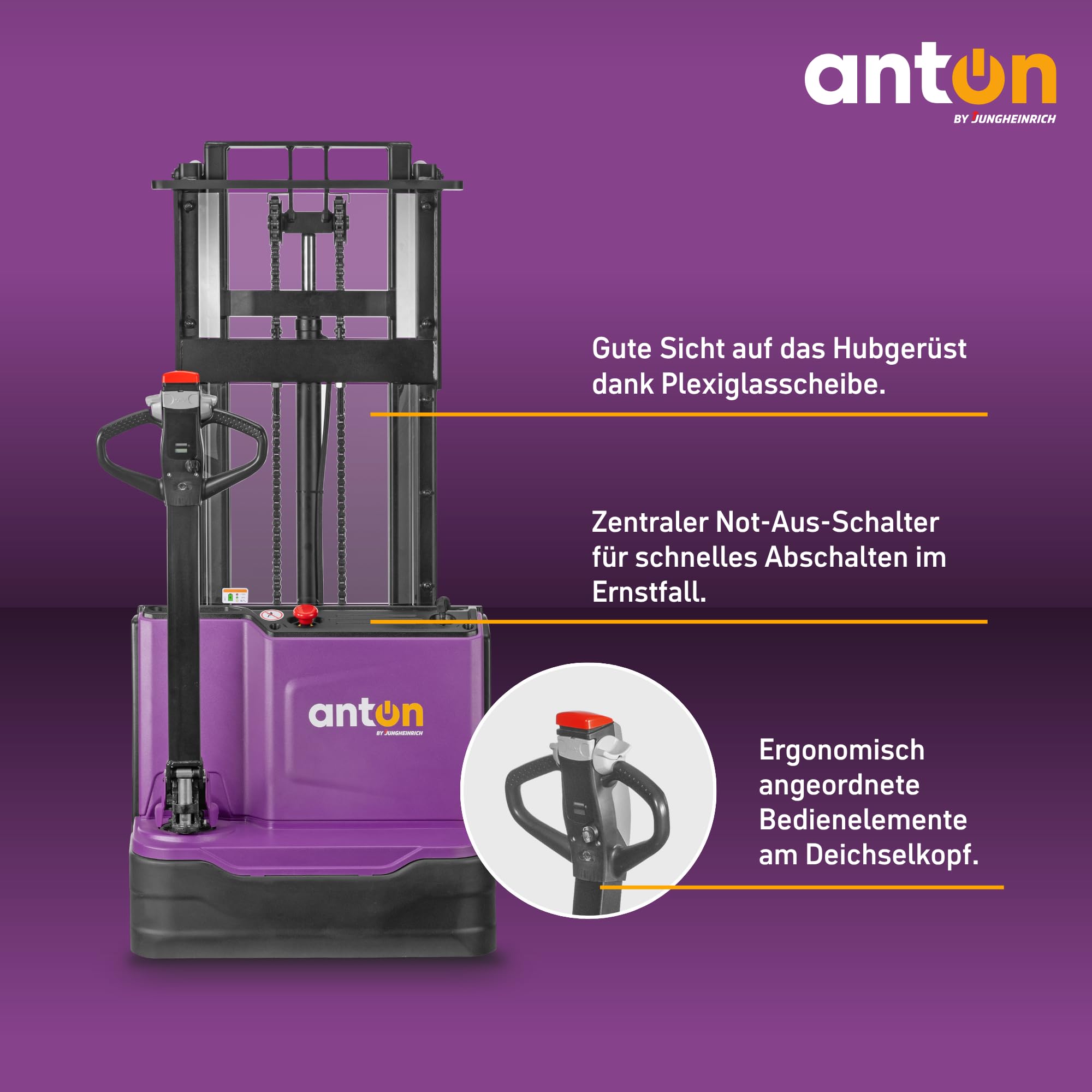 AntOn by Jungheinrich Elektro-Hochhubwagen PSM 1.2 | 1.200 kg Tragkraft | 2.522 mm Hubhöhe | 1.150 mm Gabellänge | Lithium-Ionen-Batterie 24 V / 40 Ah mit Ladegerät | 2-Fach-Teleskop-Hubgerüst