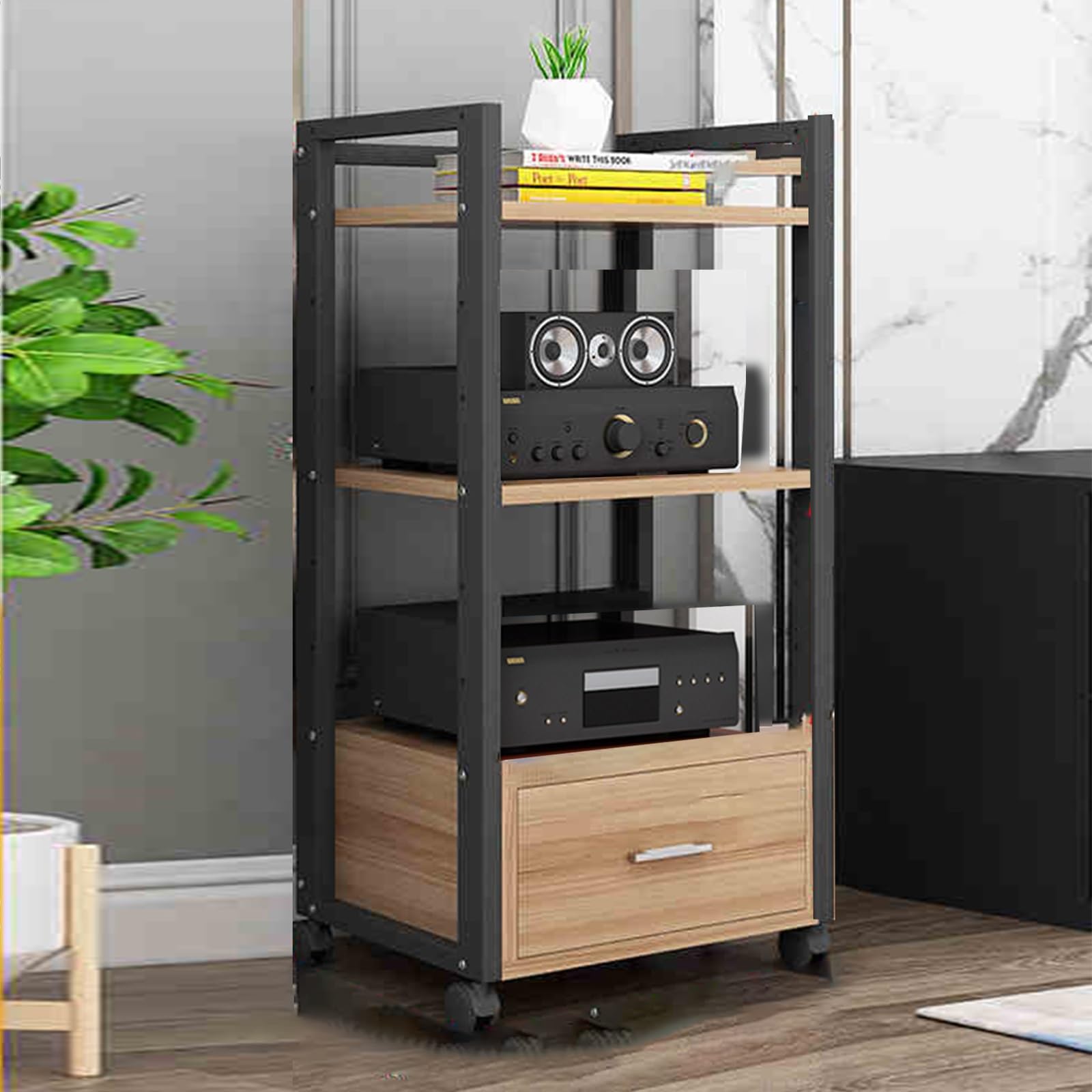 Système audio sans fils visibles grâce au meuble de rangement pour platine vinyle