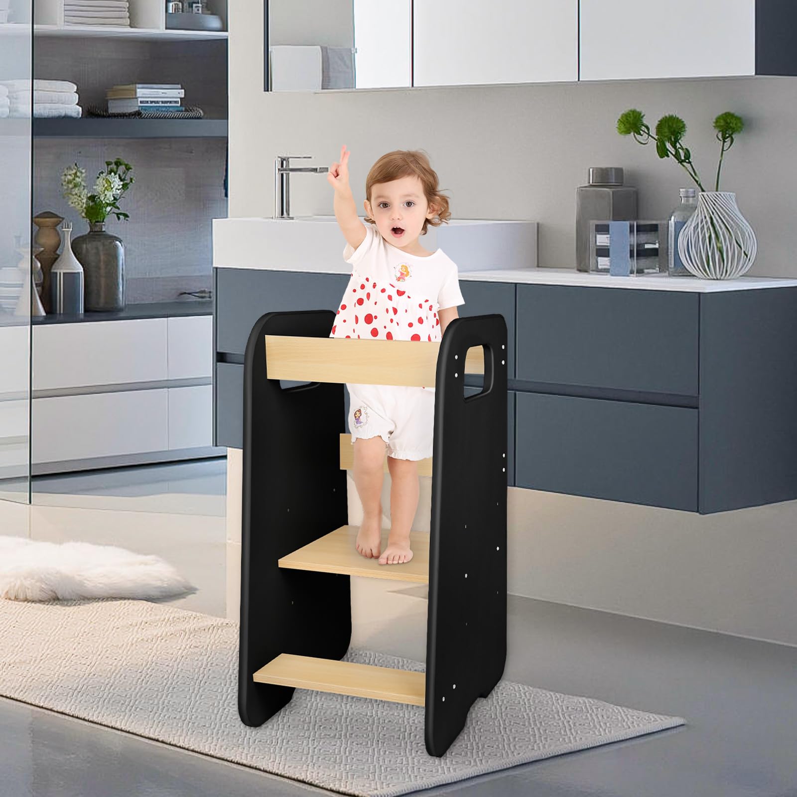 Montessori Beobachtungsturm für Kinder – Lernturm ab 1 Jahr – sicher und höhenverstellbar – Montessori Beobachtungsturm – 80 x 50 x 40 cm – Schwarz Braun