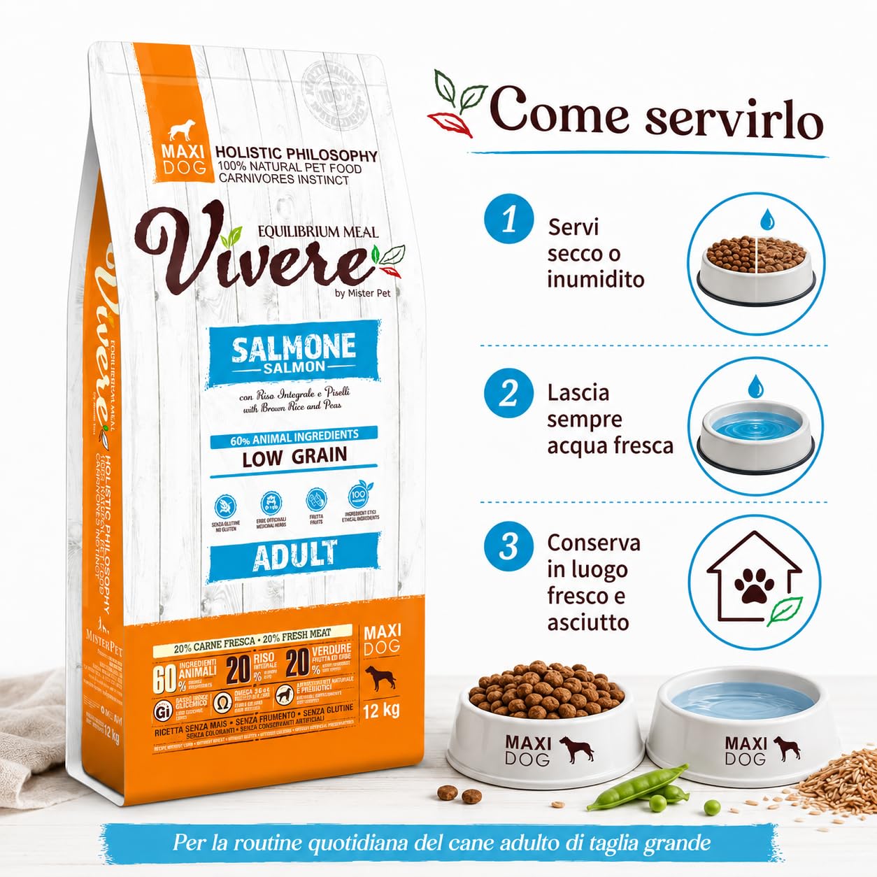 Vivere Adult Maxi Crocchette Cane Adulto con Salmone, Mangime Secco Low Grain Gluten Free per Cani Taglia Grande, Alimento Completo con Omega 3, Prebiotici, Frutta ed Erbe, 12 kg