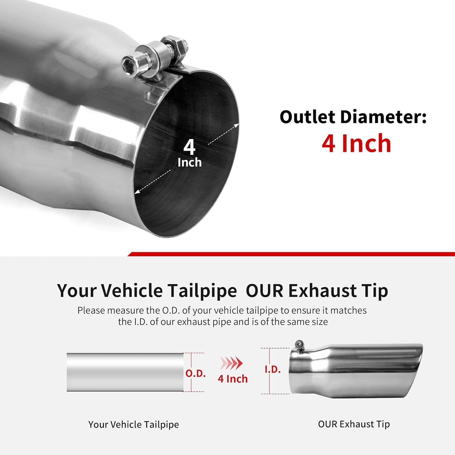Richeer 4 to 5 inch exhaust tip, 4" Inlet 5" Outlet 12" Overall Length Stainless Steel Exhaust Tip Surface Polished Finish Universal for Vehicles with 4" O.D. Exhaust Tailpipe, Rolled Edge, Bolt on