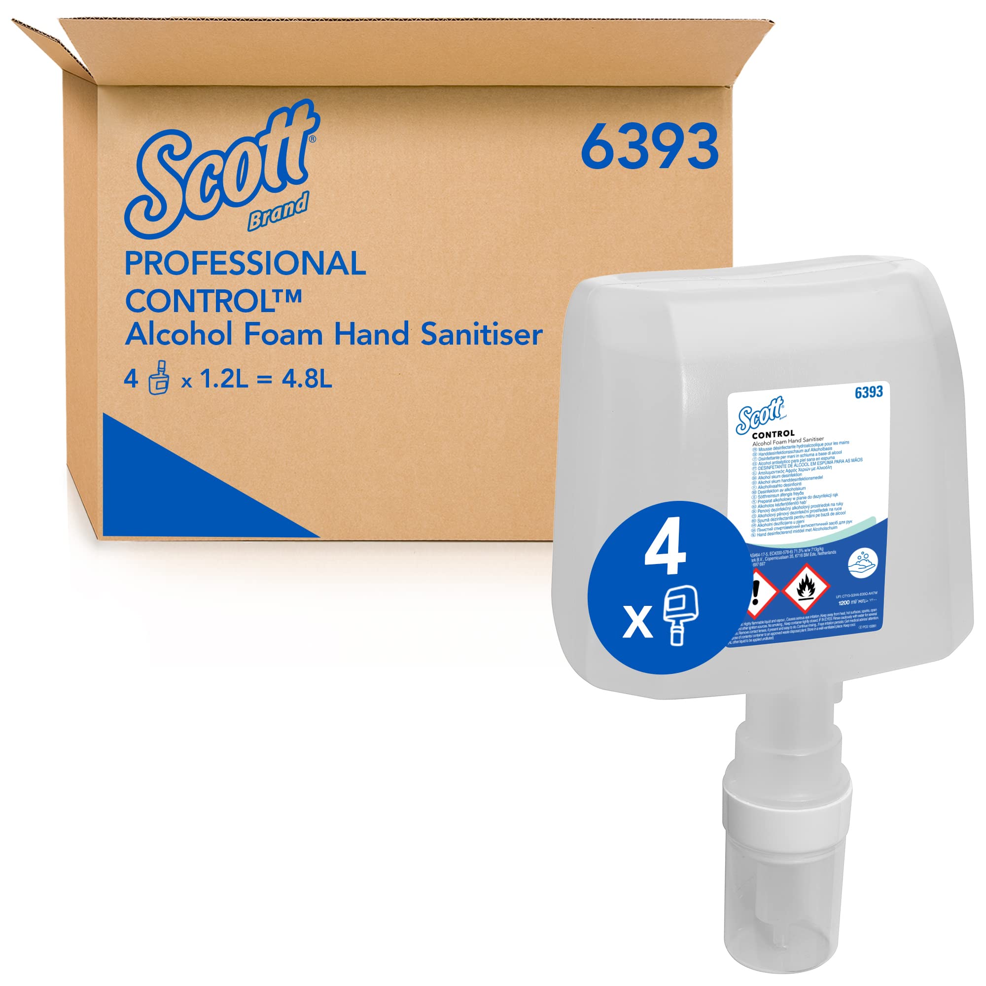 Scott Control Handdesinfektionsschaum auf Alkoholbasis 6393 – 4 x 1,2 Liter Handdesinfektionsmittel, Nachfüllpackung (4,8 Liter gesamt)
