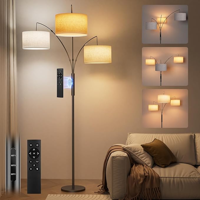 SIBRILLE 36W Dimmable Floor Lamp - 3 Lights Arc Floor Lamps Standing Lamp with Remote & Touch Control, Tall Lamp for Living Room Corner, Bedroom, Office