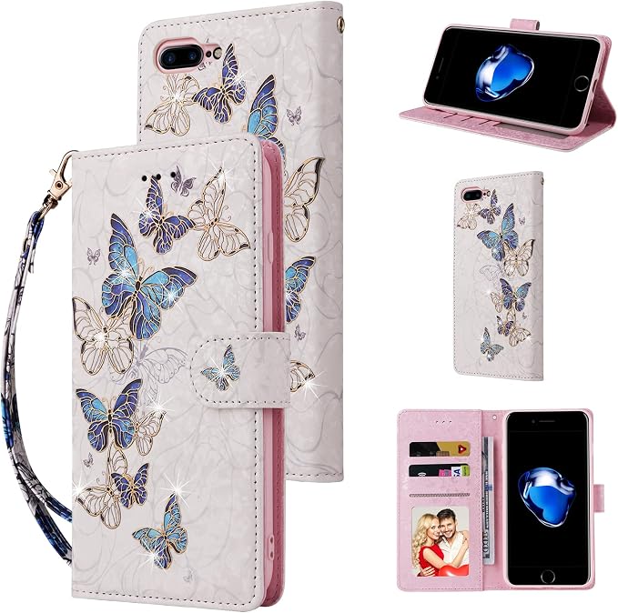 UEEBAI Custodia a portafoglio per iPhone 7 Plus / 8 Plus, in pelle sintetica vintage, chiusura magnetica, tasca con cerniera, supporto per carte, cinturino in TPU, antiurto, blu