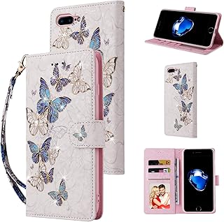 UEEBAI Wallet Case for iPhone 7 Plus/iPhone 8 Plus, PU Leather Phone Case Kickstand RFID Blocking Flip Case with Card Slots Wrist Strap Relief Engraved Pattern Magnetic Folio Case - Blue Butterfly