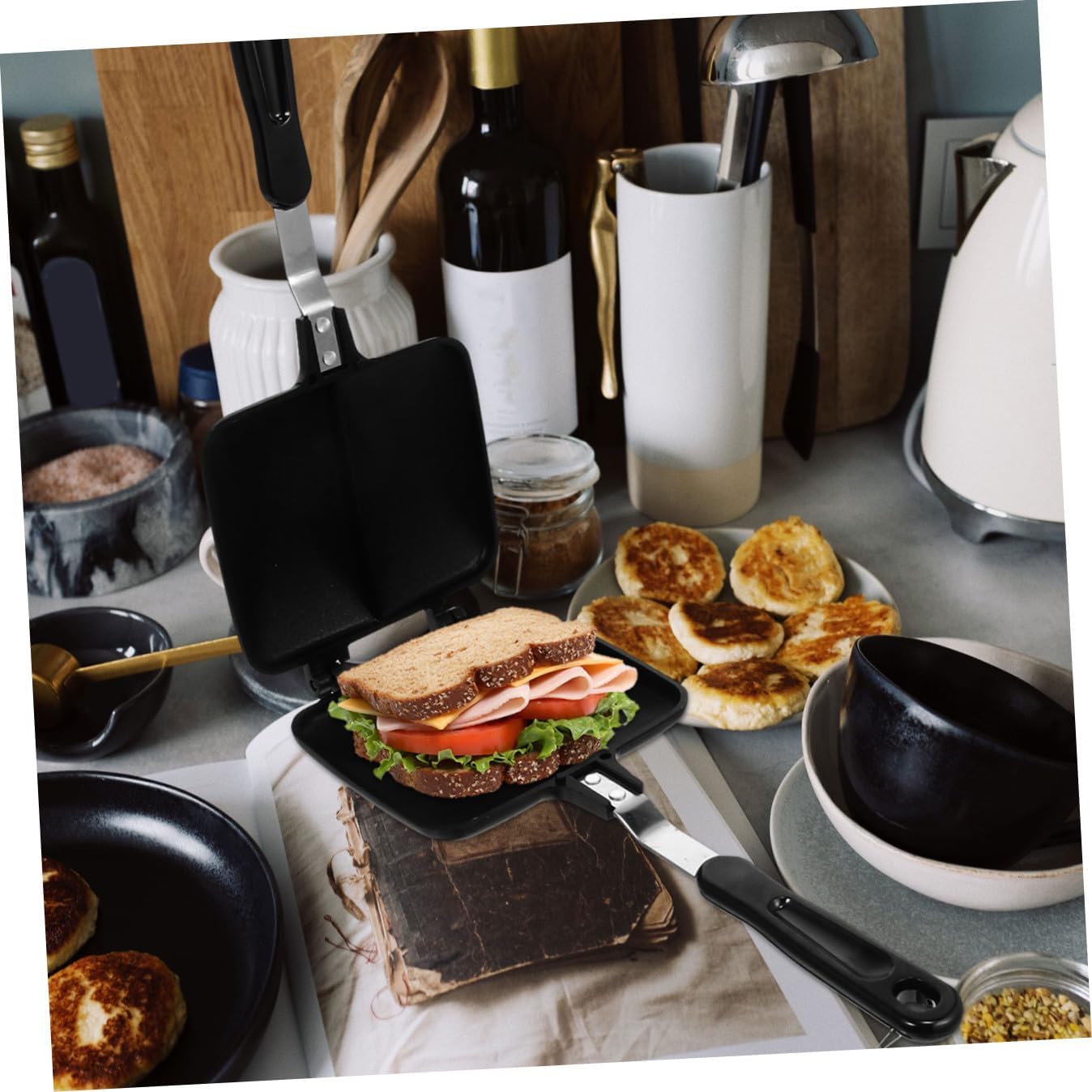 Non-stick Sandwich Frying Pan Aluminum Double-sided Grill Pan Bread Baking Plate Kitchen Supplies Stovetop Outdoor Cooking