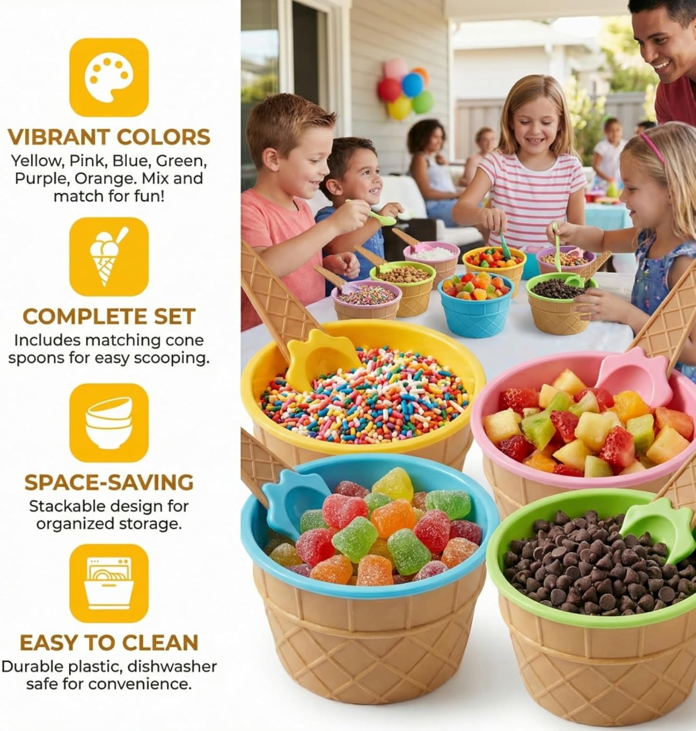 Lawei 24 Pack Plastic Ice Cream Bowls with Spoons, Reusable Fun Ice Cream Cups Bulks, 6 Cartoon Candy Color Cute Ice Cream Dessert Bowls Set for Sundae Frozen Yogurt Summer Holiday Parties