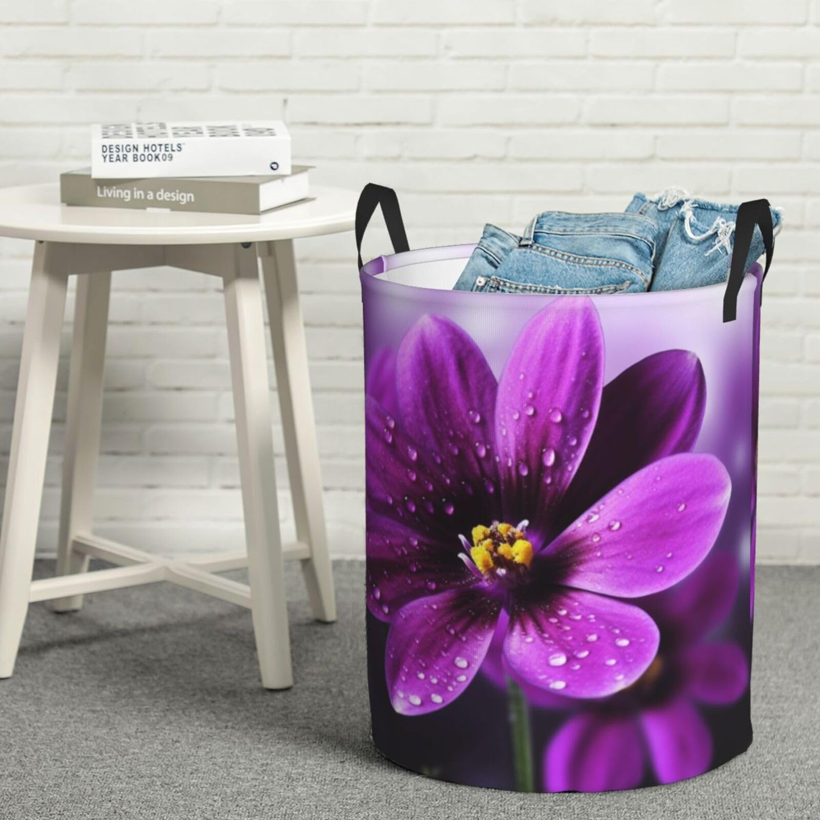 Fodpand Black Purple Flower Laundry Basket With Handle, Freestanding Laundry Hamper, Collapsible Dirty Clothes Hamper, Waterproof Fabric Blanket Storage Basket Tall Toy Storage Bin Room Decor Medium