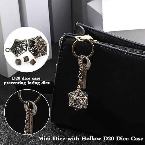 Miniatura 5 de Syhood Juego de dados pequeños, 7 piezas de dados pequeños de metal hueco D20, collar D20, llavero, juegos de mesa para juegos de rol, regalo