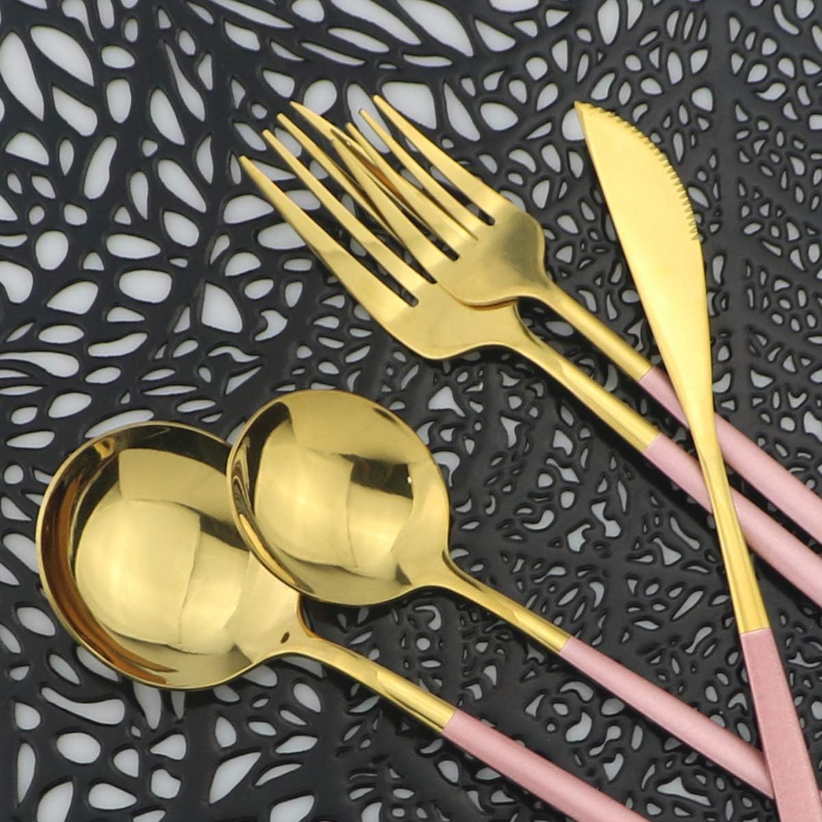 Gold Flatware Set, Royal 30 Pieces Pink Handle and Mirror Gold 304 Stainless Steel Tableware Sets Silverware Cutlery Utensil Set Service for 6 Including Forks Spoons Knives (Pink Gold)