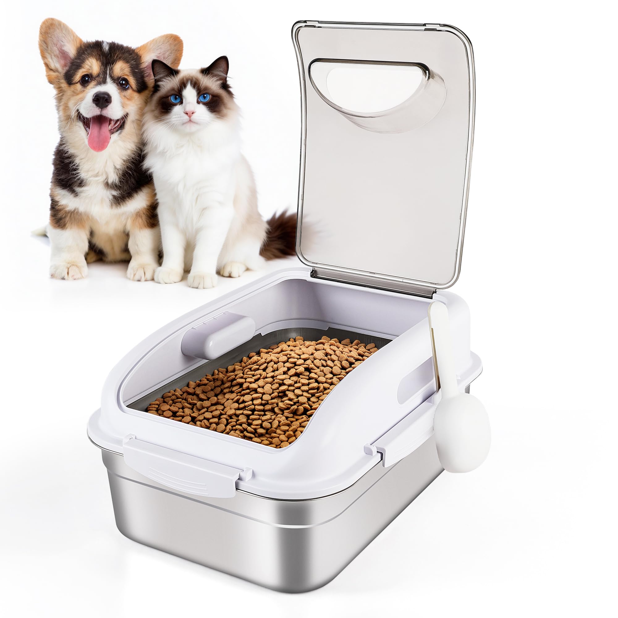 ALL FOR PAWS Aufbewahrungsbehälter für Tierfutter aus Edelstahl mit luftdichtem Deckel und Messlöffel, 304 Edelstahl-Behälter für kleines Hundefutter & Leckerlis, Katzenfutter, Vogelfutter (10L)