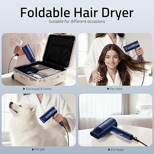 Miniatura 8 de CONFU Secador de pelo plegable portátil de 1500 W con difusor  Ligero y de secado rápido para cabello rizado  Mini secador de pelo de viaje con