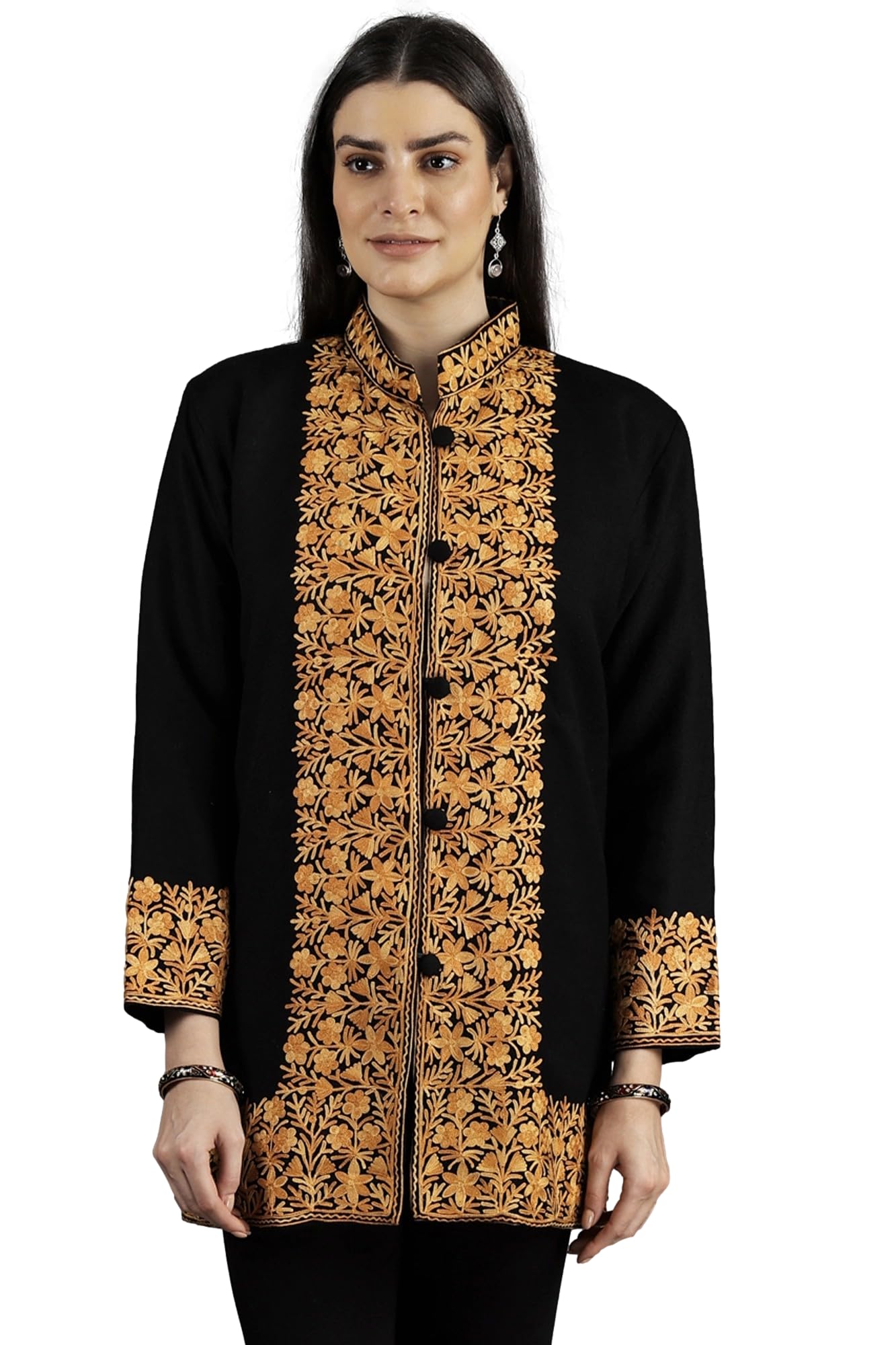 exotic india Black-Beauty Short Jacket from Kashmir with Aari Embroidered Flowers - Pure Wool-picture-28