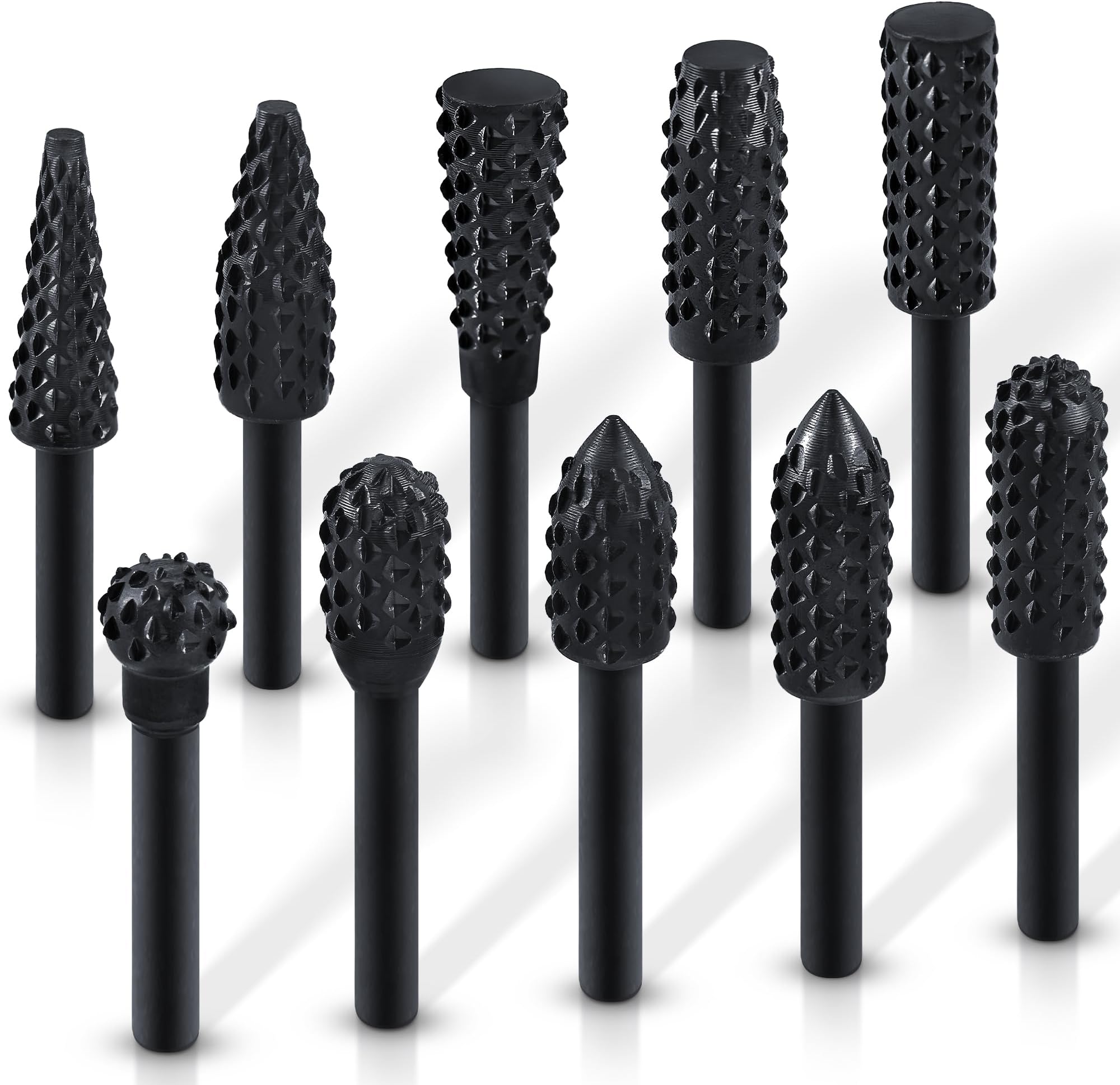 ASNOMY 10PCS Woodworking Twist Drill Bits, Wood Carving File Rasp Drill Bits 6.3mm(1/4") Shank Electrical Tools Woodworking Rasp Chisel Shaped Rotating Embossed Grinding Head