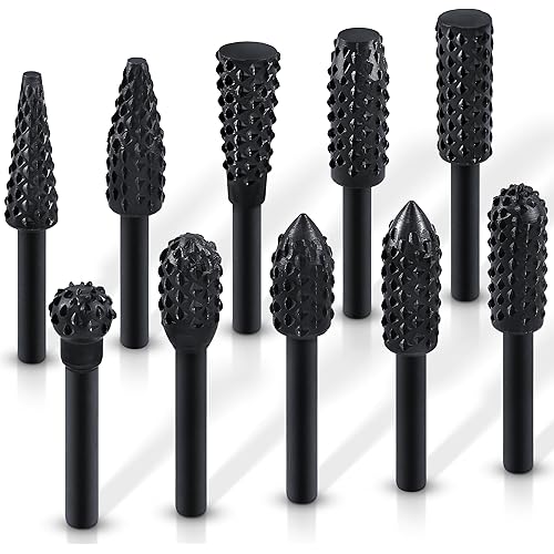 ASNOMY 10PCS Woodworking Twist Drill Bits, Wood Carving File Rasp Drill Bits 6.3mm(1/4") Shank Electrical Tools Woodworking Rasp Chisel Shaped Rotating Embossed Grinding Head