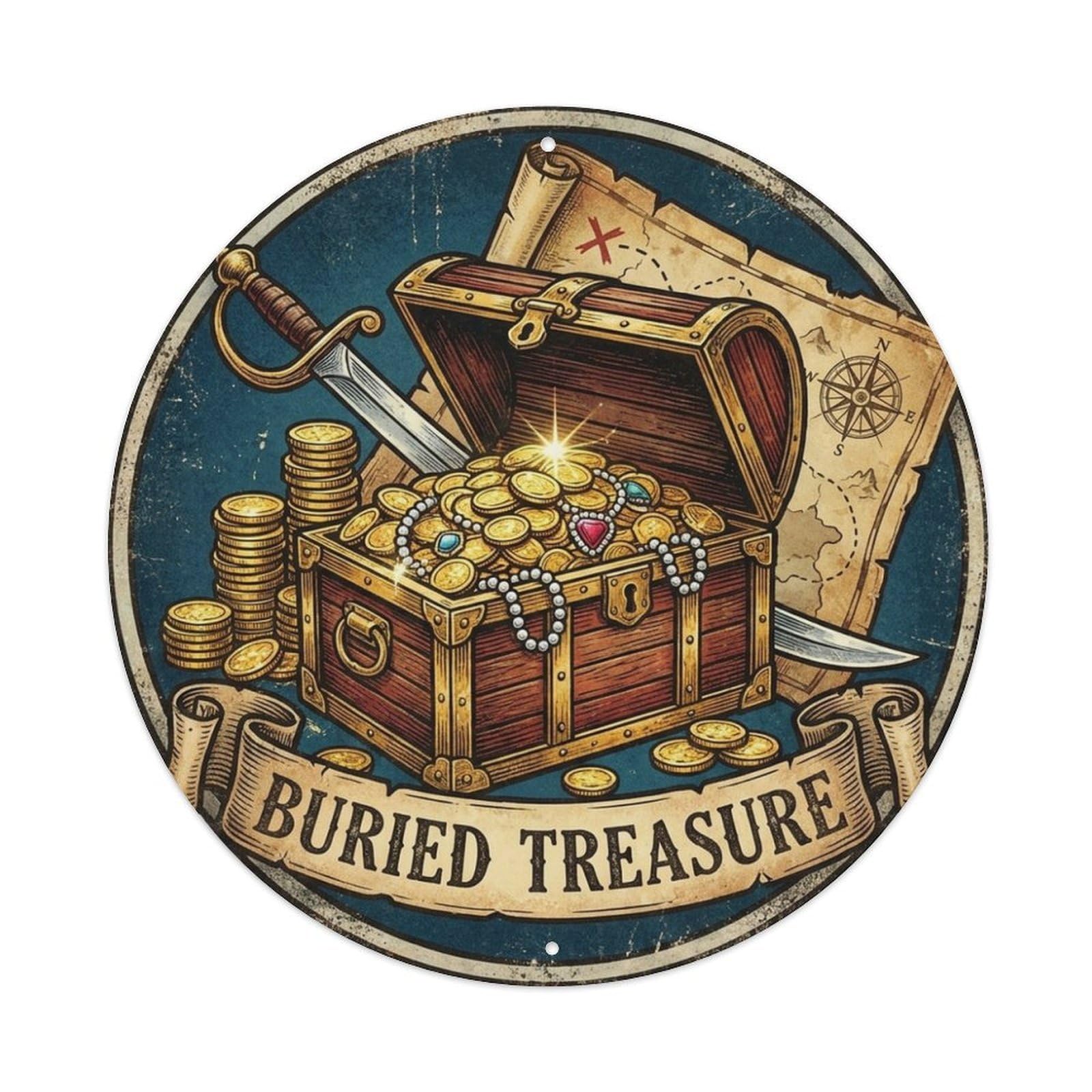 Buried Treasure Pirate Map Cutlass Old Chart Metal Tin Sign