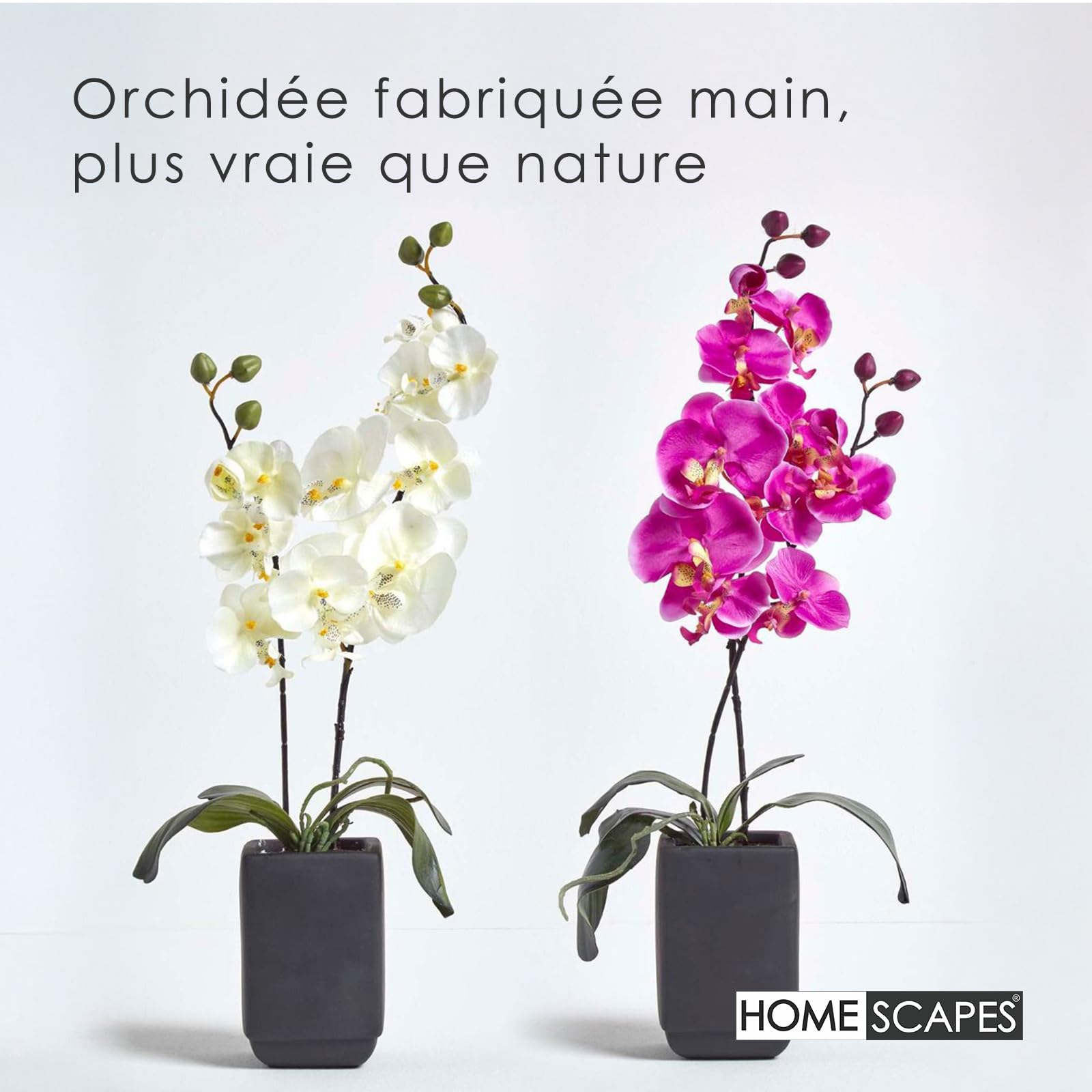 HOMESCAPES Orchidée artificielle en pot céramique rectangulaire noir, 55 cm, Lot de 2 plantes artificielles