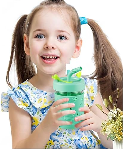 Miniatura 6 de PandaEar Vasos de vidrio para niños y niños pequeños, paquete de 4 vasos de vidrio Mason de 8.45 onzas con fundas y pajitas de silicona, vasos para